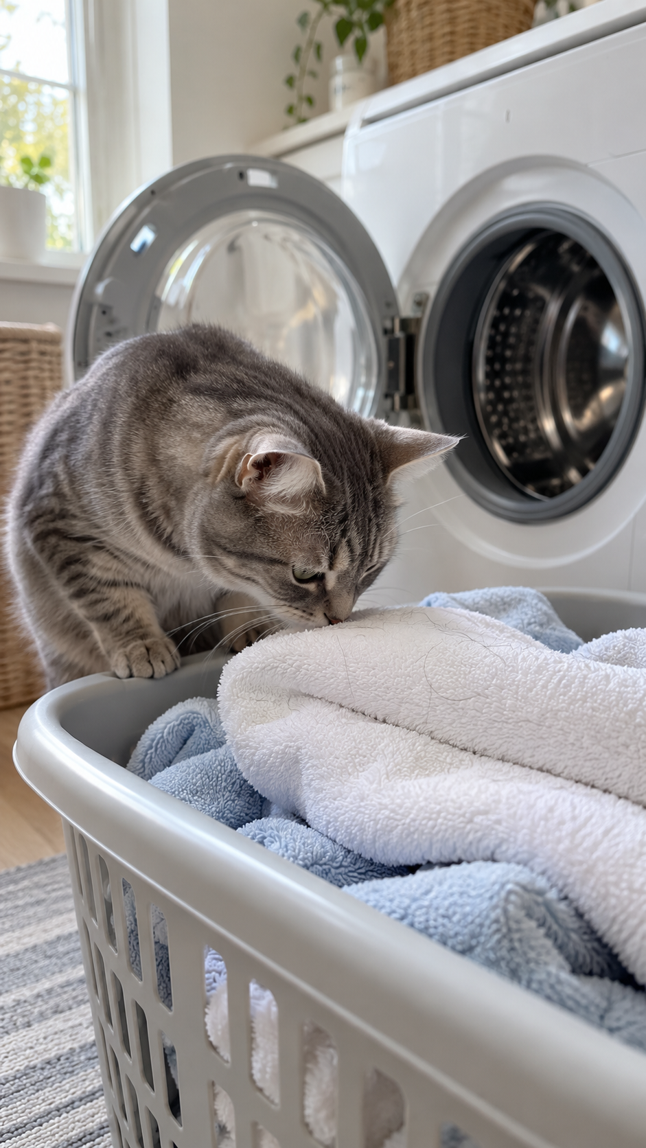 Kat ruikt aan schone handdoek naast de wasmachine