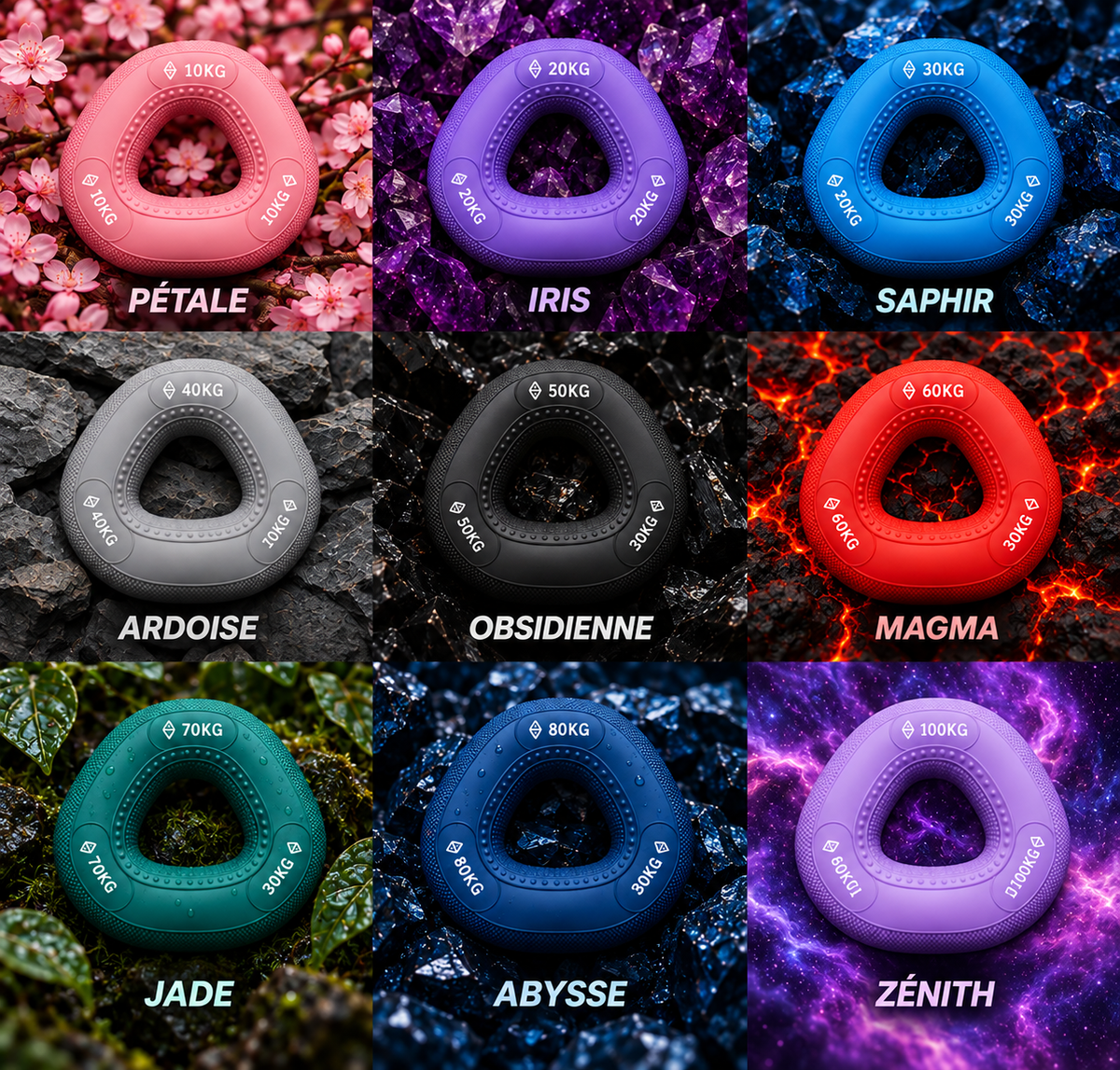 Anneaux de préhension triangulaires Mains de Daron™ de différentes couleurs et résistances